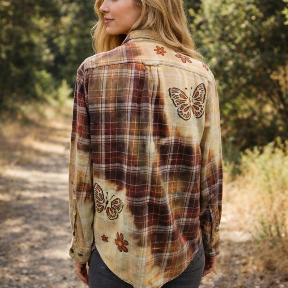 Upcycled Hand Painted Butterfly Flower Flannel Shirt - Bleached Burgundy Brown L